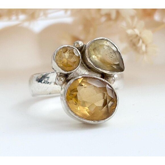 Tri-Stone Citrine Gemstone Vintage Sterling Silver Bezel Set Ring - sz 6.75